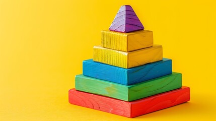 Multi colored wooden toy pyramid stands on yellow background