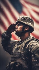 Fototapeta premium Soldier Saluting American Flag Patriotism Military
