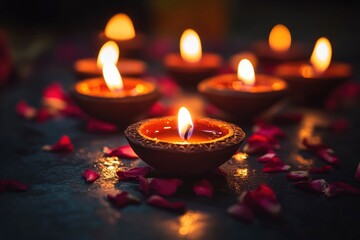 Diwali, Hindu festival of lights celebration. Diya oil lamps against dark background with generative ai