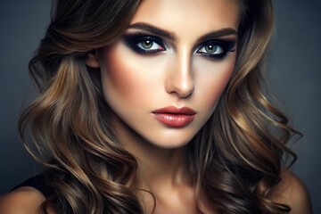 Fototapeta premium Beautiful Woman with Long Wavy Hair and Smoky Eye Makeup.