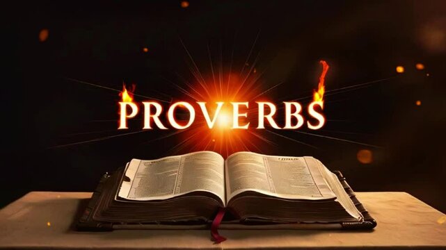 An open bible with the word Proverbs on a brown surface. The word is in a bright, fiery font, with flames on each end of the word. The surface is covered in a slight haze of golden light.