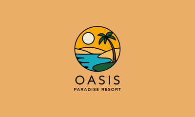 Oasis resort logo featuring palm tree, water, desert, and sun.