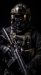 Naklejka premium Soldier Holding Rifle with Tactical Gear and Helmet