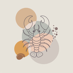 Lobster or crayfish drawn by graphic lines on blobs background. Seafood shop logo, signboard, restaurant menu, fish market, banner, poster design template. Fresh seafood or shellfish product.