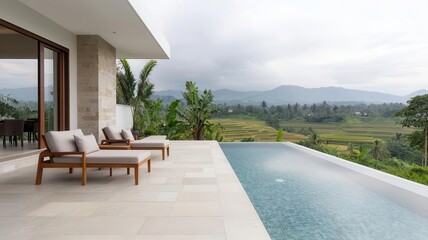 Fototapeta premium Contemporary villa terrace with pool, featuring stunning mountain views and lush greenery, perfect for relaxation and inspiration.