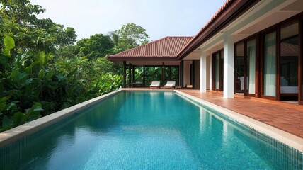 Luxurious villa with a private pool surrounded by lush greenery, offering a perfect getaway for relaxation and tranquility.