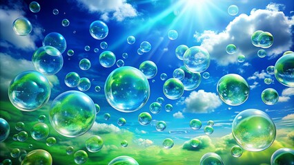 Blue and green backdrop with bubbles floating in the air against a blue sky background