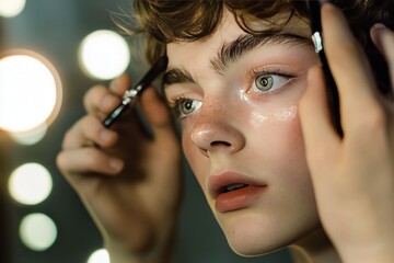 feminine man applying makeup to his face