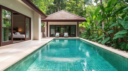 Serene tropical villa with a private pool surrounded by lush greenery, perfect for relaxation and luxury getaway.