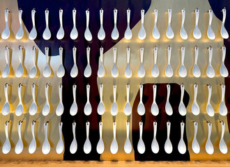 Series of chinese soup spoon decoration, hanging on wall, decorative soup spoon on restaurant wall.