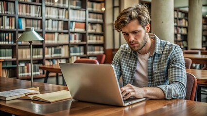 Young Man Working on Laptop in Library.