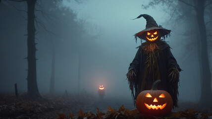 A scarecrow with a jack-o'-lantern head looms out of the dense fog on a chilly Halloween night. The pumpkin head’s carved face is lit from within, its eyes and mouth glowing with a fiery light. 