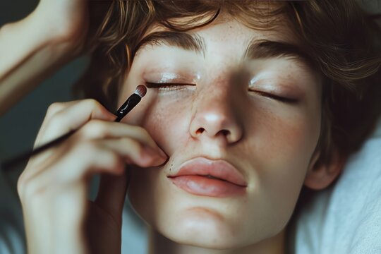 feminine man applying makeup to his face 