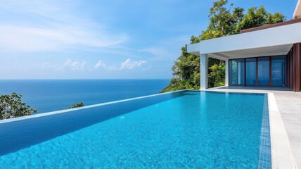 Fototapeta premium Stunning modern villa with infinity pool overlooking a serene ocean view, perfect for relaxation and luxury escape.