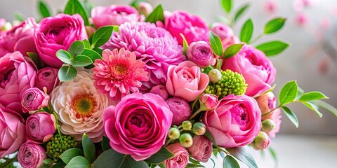 Fototapeta premium Close-up of vibrant pink flowers with leaves entwined among the petals in a beautiful floral arrangement