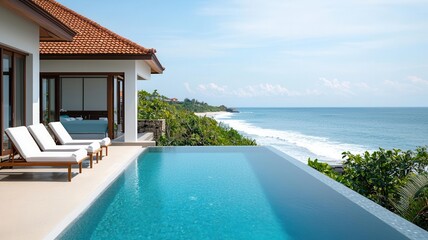 Fototapeta premium Stunning tropical villa with infinity pool overlooking serene ocean view, perfect for relaxation and luxury vacation.