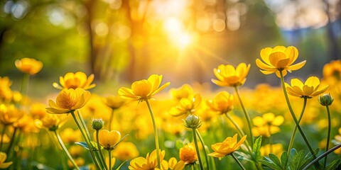 Fototapeta premium Close-up shot of vibrant yellow flowers in sunlight with blurred trees and grass in background