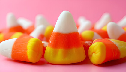 A close-up image of a large pile of candy corn, featuring alternating stripes of orange, white, and yellow.


