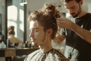 Fototapeta premium man getting his hair done in the barber shop
