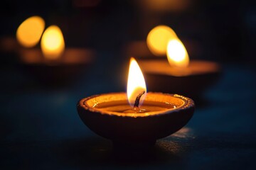 Diwali, Hindu festival of lights celebration. Diya oil lamps against dark background with generative ai