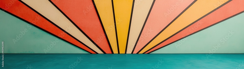 Poster vibrant retro wall with multicolored rays creating a lively and artistic atmosphere, perfect for mod