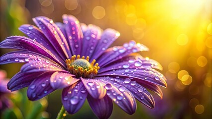Obraz premium Close-up of a purple flower with dew droplets under the warm sunlight