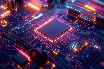 Fototapeta premium A vibrant close-up of a circuit board, showcasing intricate details and glowing components in a high-tech atmosphere.