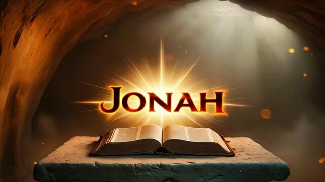 An open book with the word "Jonah" in bright light sits atop a rock ledge in a cave.