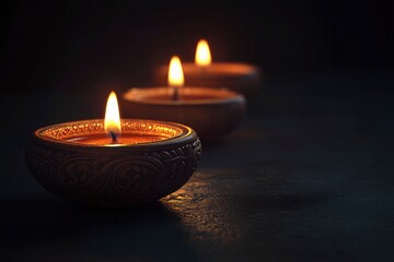 Diwali, Hindu festival of lights celebration. Diya oil lamps against dark background with generative ai