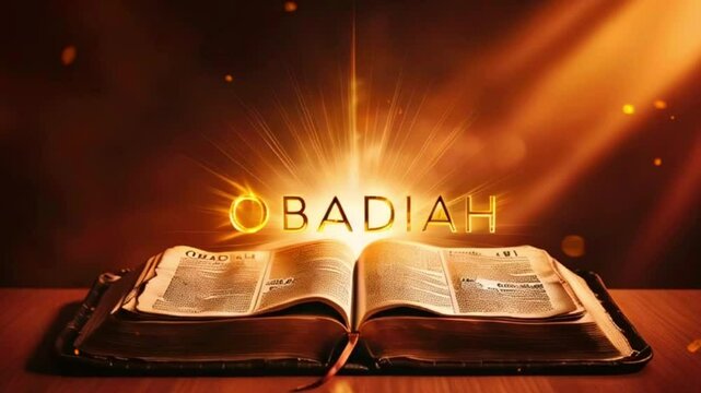 Open Bible with a Golden Glowing Light Behind It. The Word "Obadiah" is in Bold in the Glowing Light and There is a Dark Brown Wooden Background.