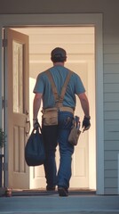 Back of professional handyman or repairman with bag and tools walking into the front door house，Cultural Inclusivity and Freedom in Workforce. End-of-Season Promotion for Home Services. AI-Generated 4