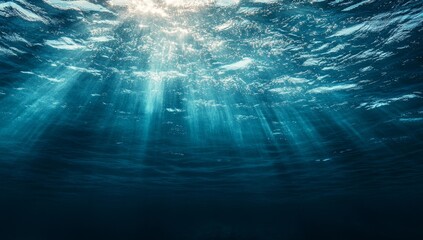 Obraz premium Underwater scene with sun rays shining through the surface of the water.