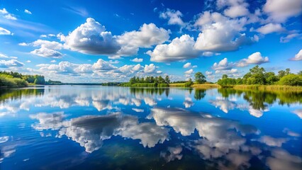 Obraz premium A serene lake reflecting a clear blue sky with scattered clouds above
