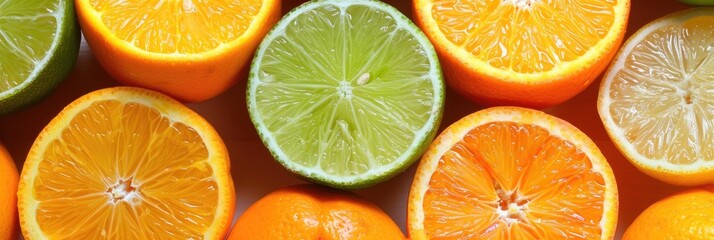 Obraz premium Close-up of sliced citrus fruits featuring oranges and mandarin limes