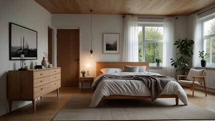 A Cozy Bedroom With Light Wood Furniture, White Walls, And Soft Textiles In A Scandinavian Design, Modern Bedroom