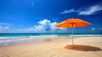 Vibrant beach scene with a bright orange umbrella under clear blue skies