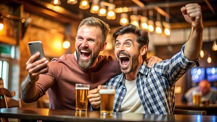 Excited Friends Celebrating at a Bar.