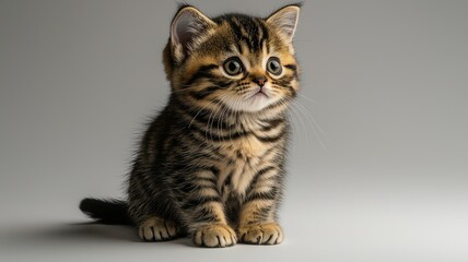 Obraz premium A cute tabby kitten with big eyes, looking curiously at the camera. Perfect for pet lovers and animal enthusiasts.