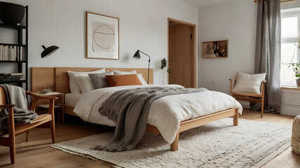 A Cozy Bedroom With Light Wood Furniture, White Walls, And Soft Textiles In A Scandinavian Design, Modern Bedroom