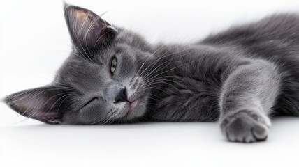 A relaxed gray kitten resting peacefully on a soft surface, showcasing its adorable features and playful personality.