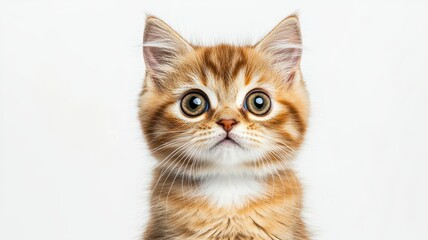 Obraz premium Adorable orange kitten with big eyes looking curiously at the camera against a white background.