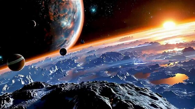 a planet  and  moon  in space