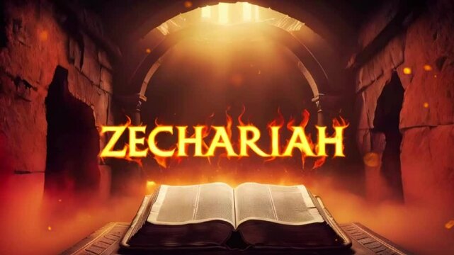 The name Zechariah written in fiery letters above a open book, with light shining from behind.