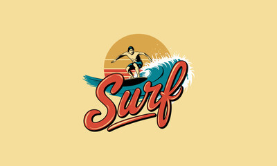 Surfer riding a wave with sunset and retro typography.