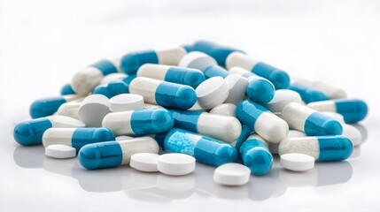 Medication Concept: Assorted Blue and White Pills on Table, Ideal for Pharmaceutical Marketing and Education