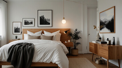 Fototapeta premium A Cozy Bedroom With Light Wood Furniture, White Walls, And Soft Textiles In A Scandinavian Design, Modern Bedroom