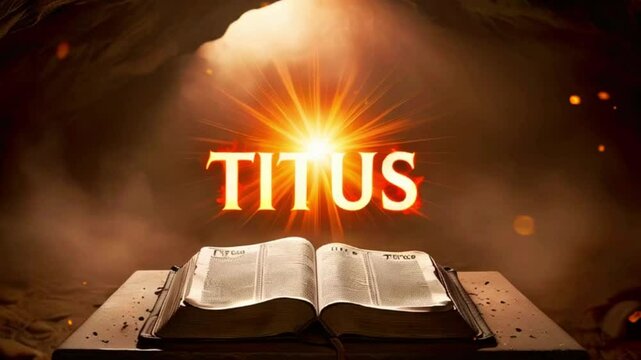 The name Titus is highlighted in radiant light above an open bible, with a cave-like background.