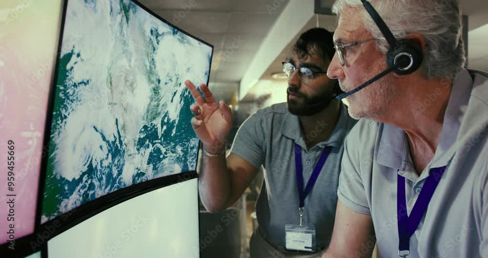 Aufkleber computer screen, weather map and media employee for report, news or forecast in discussion as meteor