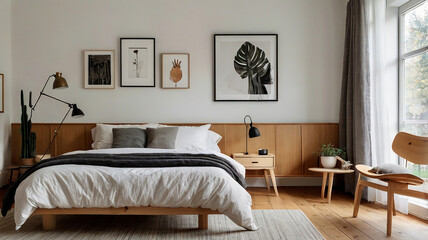 A Cozy Bedroom With Light Wood Furniture, White Walls, And Soft Textiles In A Scandinavian Design, Modern Bedroom