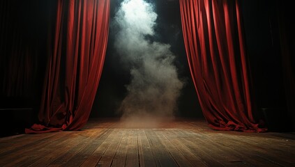 Red velvet curtains pulled back to reveal a smoky stage with wooden floorboards.